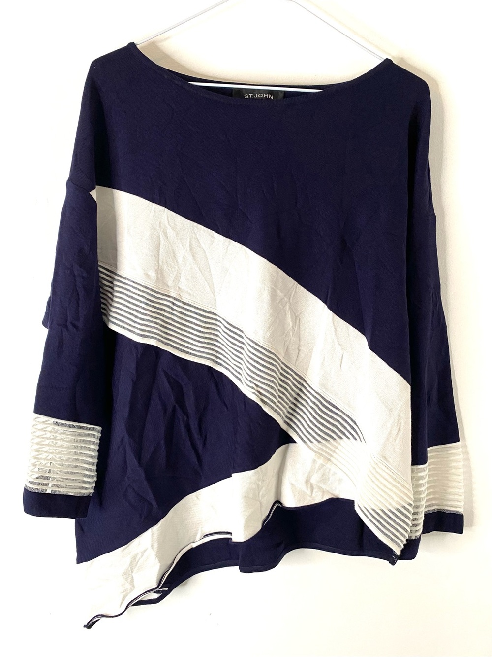 St. John Navy White Asymmetrical Colorblock Knit Tunic Sweater Top